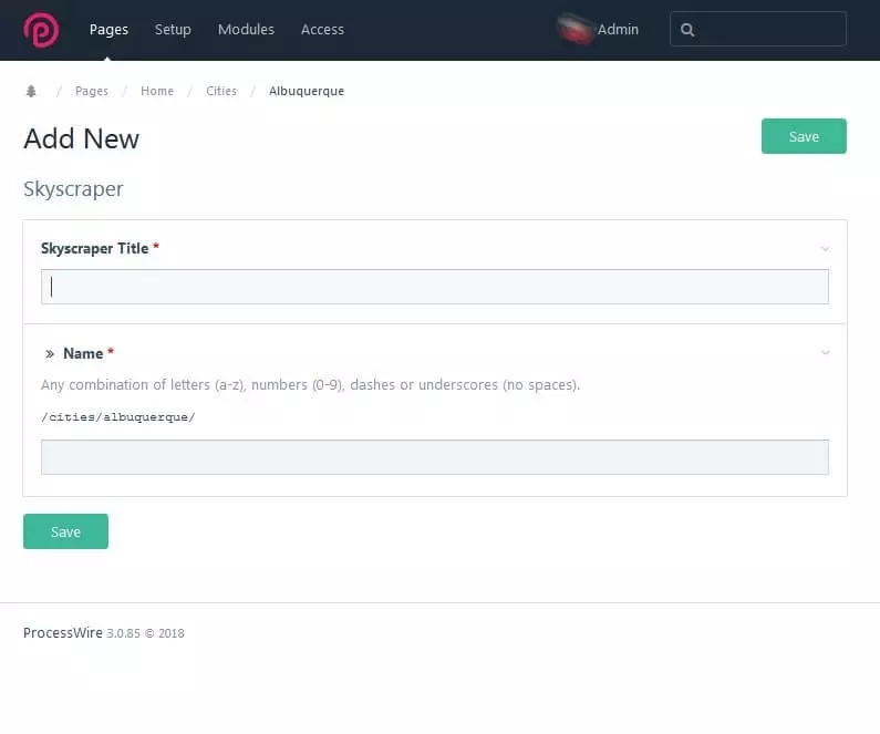 Image: Menu for creating a new page