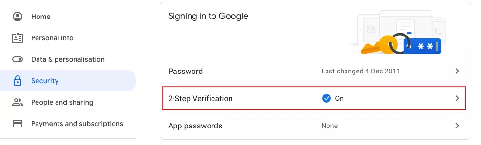 Image: Google account, Security “Signing in to Google”