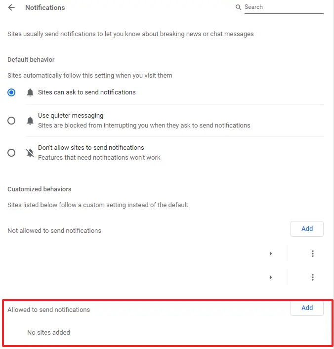 Screenshot of browser settings “Notifications” in Chrome Screenshot of browser settings “Notifications” in Chrome