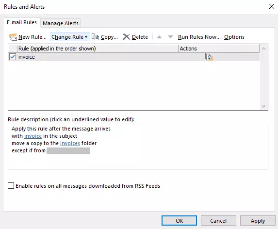 Outlook Rules Wizard: Rules and Alerts dialog box Outlook Rules Wizard: Rules and Alerts dialog box