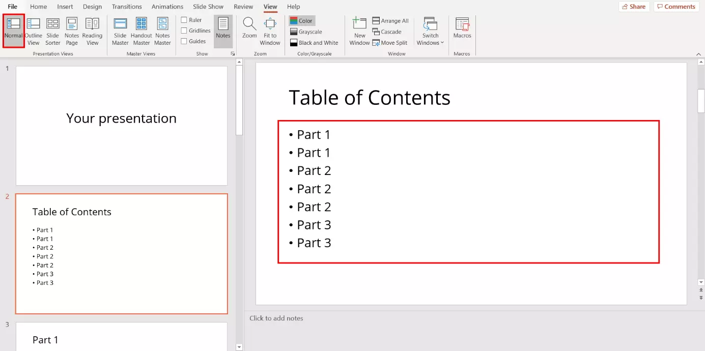Image: PowerPoint: inserting a table of contents