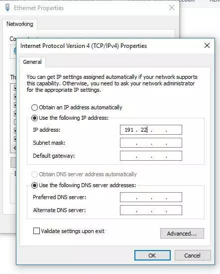 Image: Menu for address configuration in Windows 10