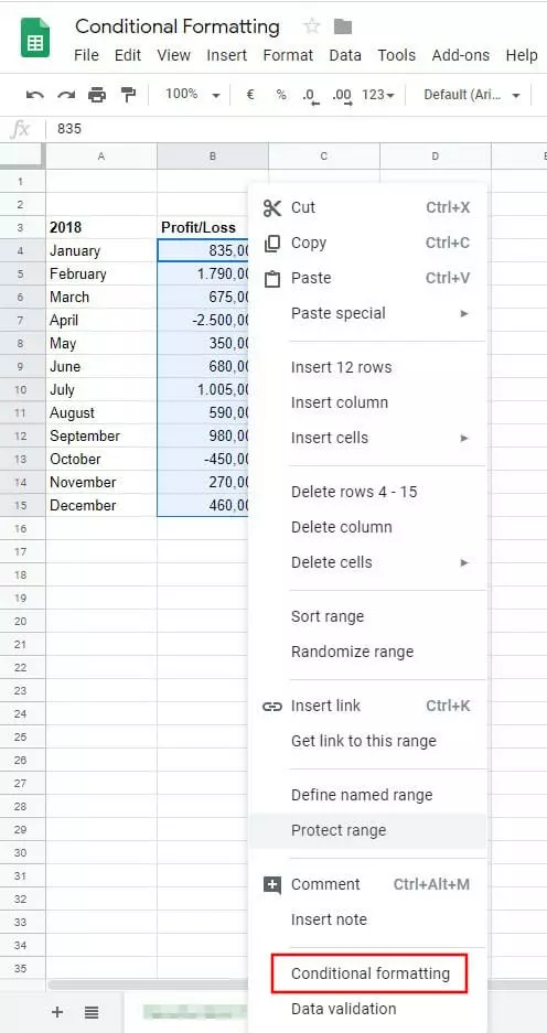 Image: Google Sheets: Table with selected range of values