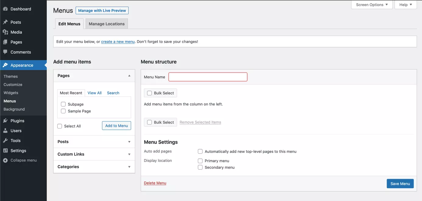 Image: Create a menu from the WordPress backend