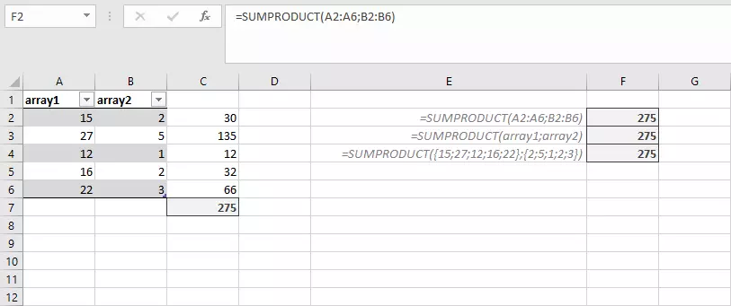 Image: Different ways of entering parameters in SUMPRODUCT