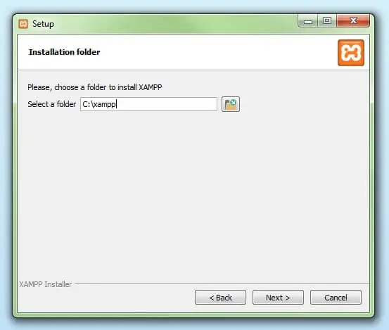 Dialog window for selecting the XAMPP installation folder Dialog window for selecting the XAMPP installation folder