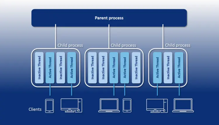 Schematic representation of the Apache architecture with mpm_worker Schematic representation of the Apache architecture with mpm_worker