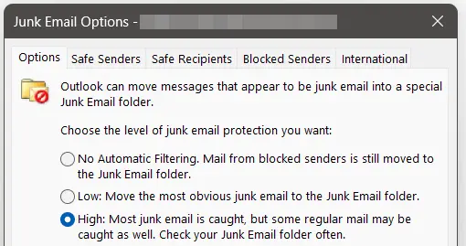 Outlook spam filter options Image: Outlook spam filter options