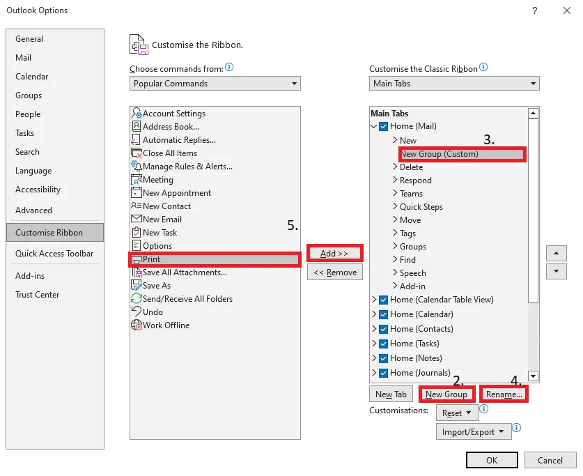 Image: The Customize Ribbon window in Outlook with its two columns of menus