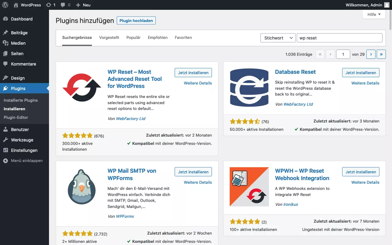 Image: Screenshot of the “Add Plugin” page with search for the “WP Reset” plugin