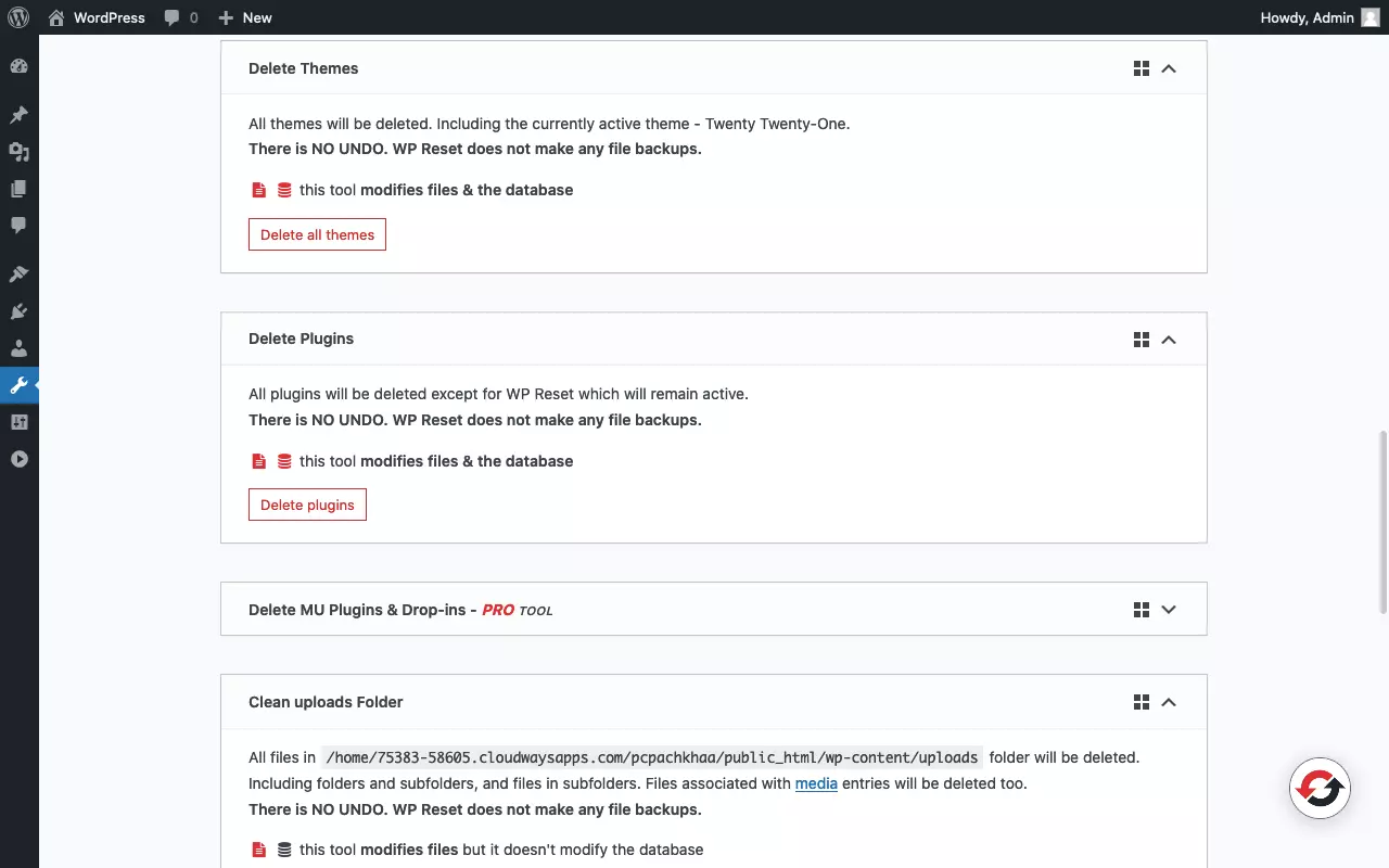 Image: Screenshot of the tools page of the “WP Reset” plugin (2/3)