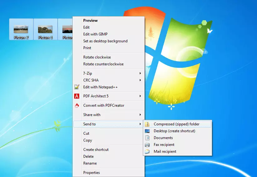Image: Screenshot of the Windows desktop where multiple files are sent to a ZIP-compressed folder via the context menu.