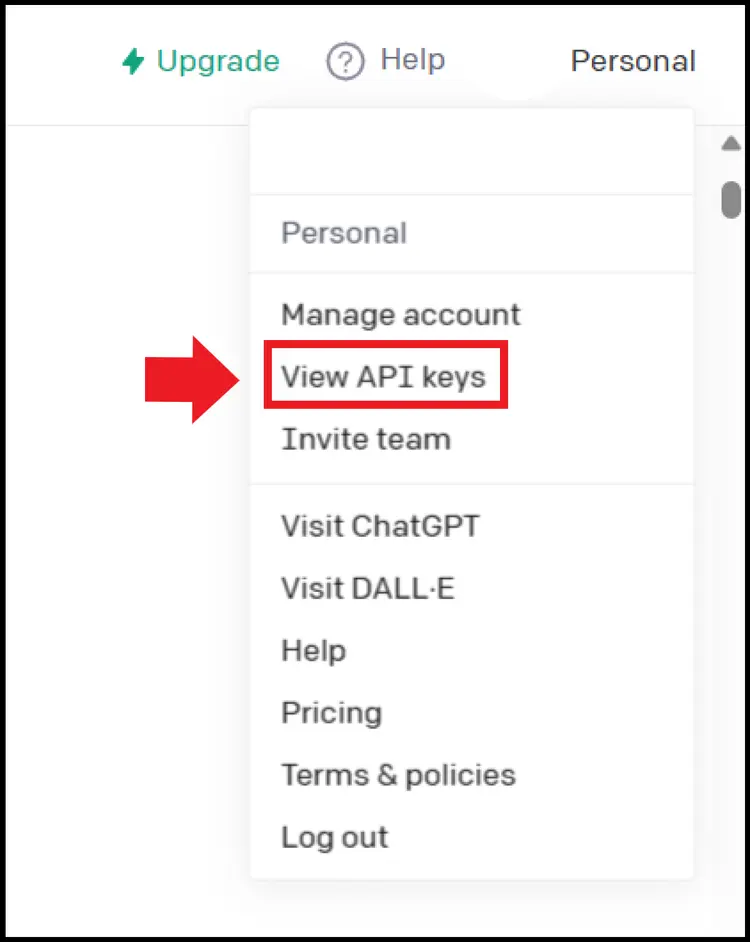 The “View API keys” tab in the menu The “View API keys” tab in the menu
