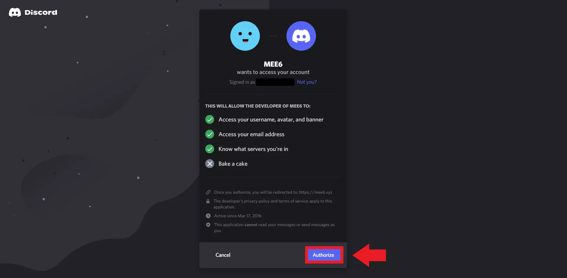 Image: Add the MEE6 bot by clicking “Authorize”