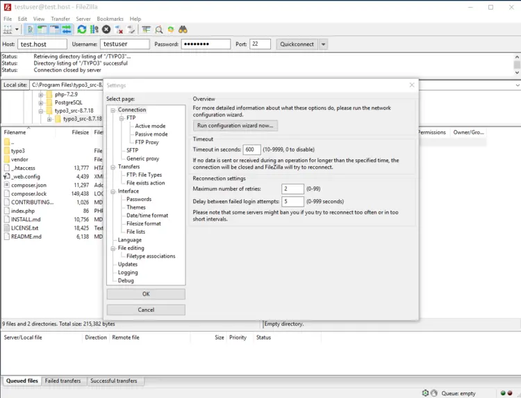 FileZilla’s interface for setting connections, transfer, user interface, file editing, updates, logging and debugging. FileZilla’s interface for setting connections, transfer, user interface, file editing, updates, logging and debugging.
