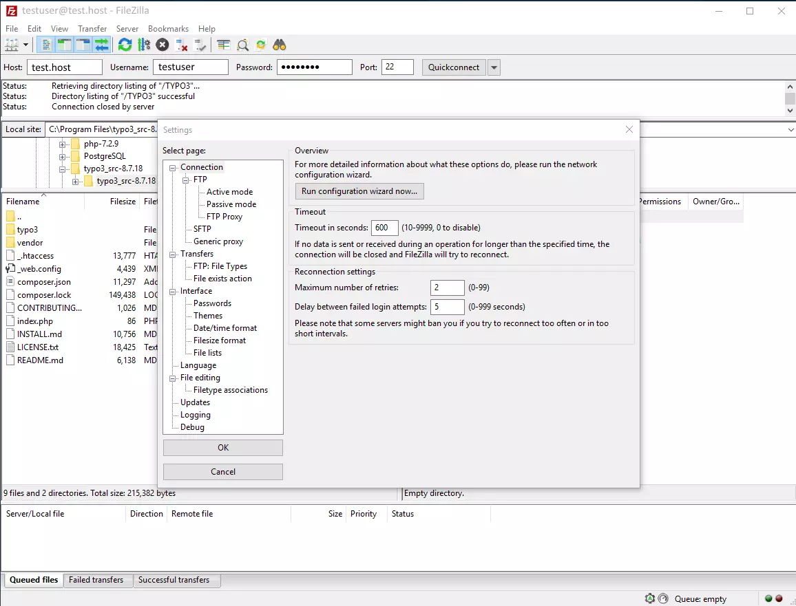 Image: FileZilla’s interface for setting connections, transfer, user interface, file editing, updates, logging and debugging.