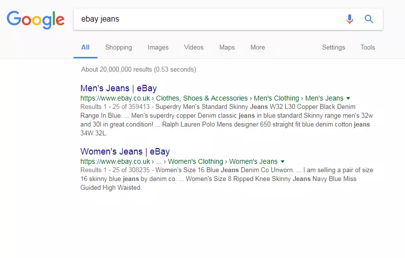 Image: Screenshot of a Google search for the keyword ‘ebay jeans’.