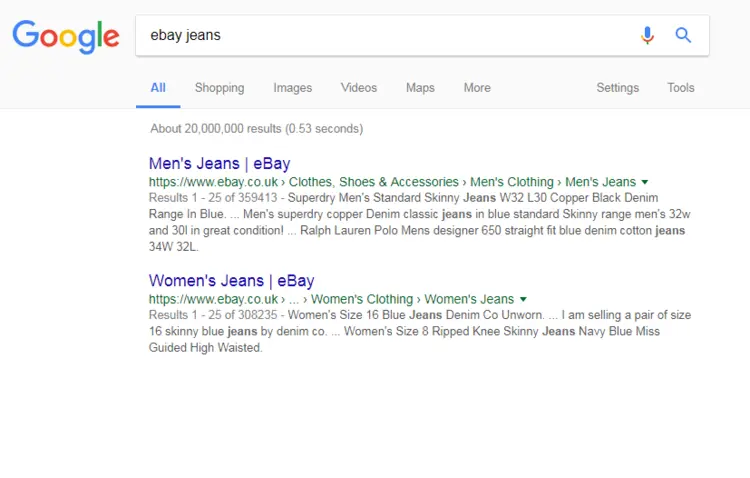 Screenshot of a Google search for the keyword ‘ebay jeans’. Screenshot of a Google search for the keyword ‘ebay jeans’.