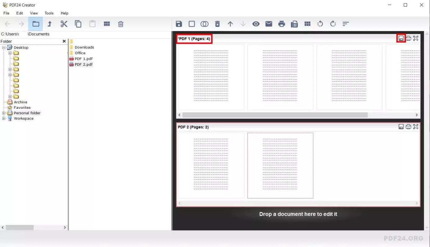 Image: PDF24 Creator: View of amended PDFs