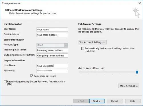 Image: POP and IMAP Account Settings in Outlook