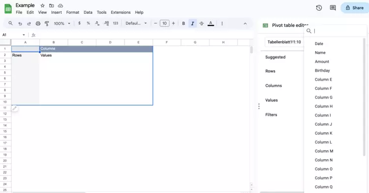 Screenshot of an empty pivot table Screenshot of an empty pivot table