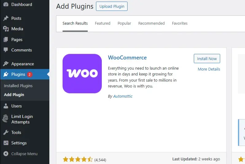 WooCommerce plugin in WordPress’s selection list of available plugins Image: WooCommerce plugin in WordPress’s selection list of available plugins