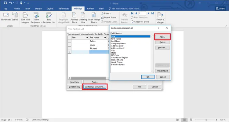 Menu for adding new columns to an address list in Word Menu for adding new columns to an address list in Word