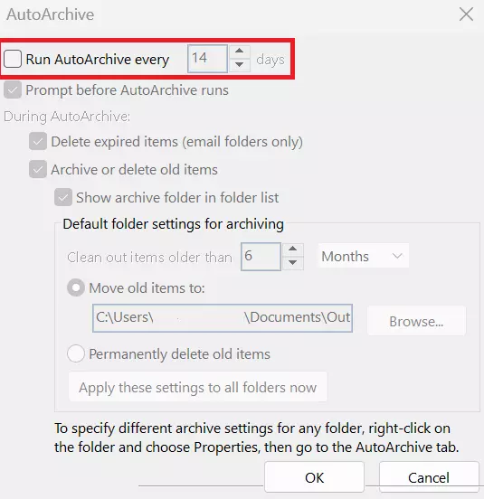 Microsoft Outlook: “AutoArchive” window Microsoft Outlook: “AutoArchive” window