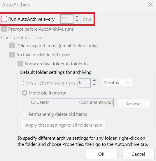 Image: Microsoft Outlook: “AutoArchive” window