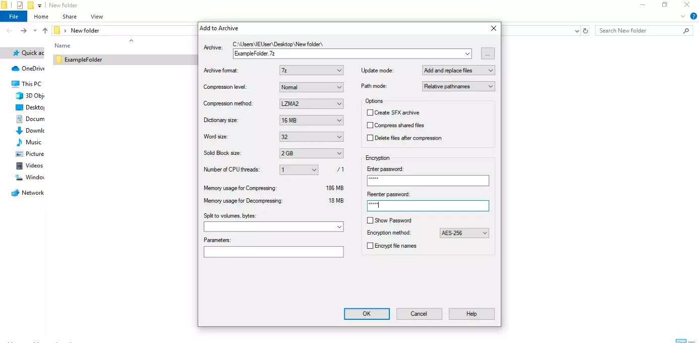 Image: 7-Zip: Configuration mask for password protecting archive files