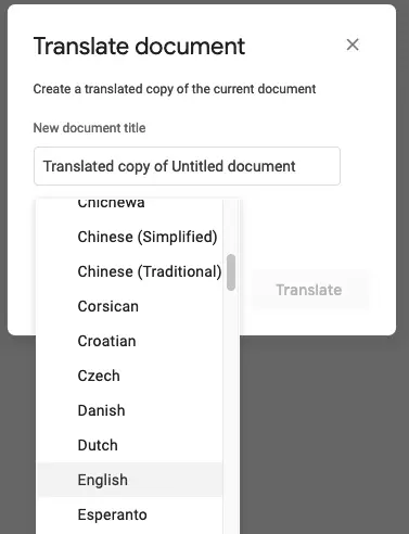 Image: Language selection for translating a Google Doc
