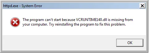 System error message displayed when starting the Apache web server System error message displayed when starting the Apache web server