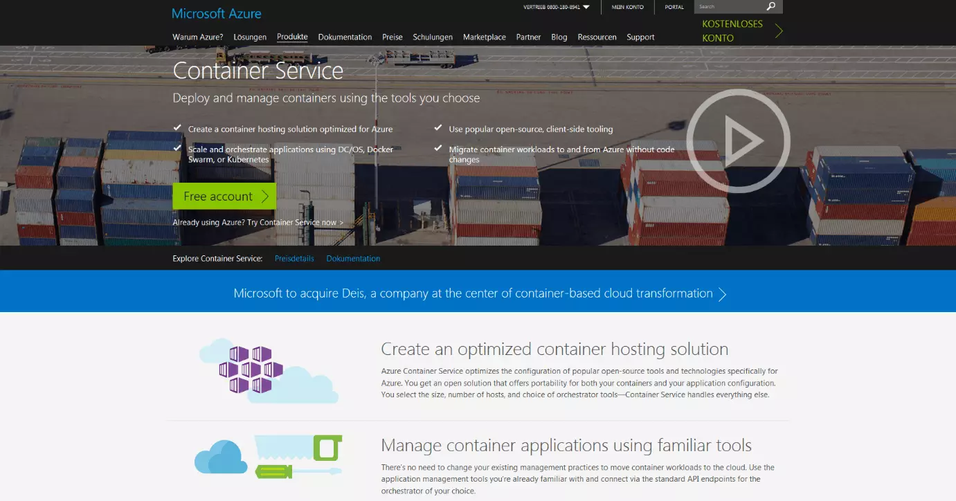 Image: Product site for Microsoft Azure Container Service (ACS)