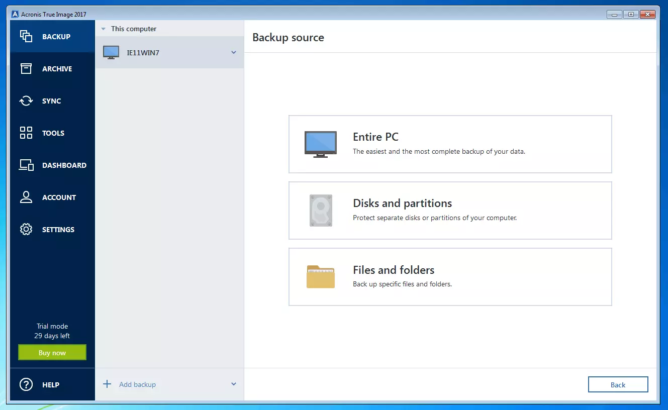 Acronis True Image 2017: Backup source selection menu