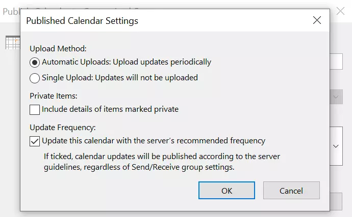Outlook dialog box: Published calendar settings Outlook dialog box: Published calendar settings
