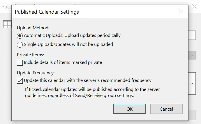 Outlook dialog box: Published calendar settings Image: Outlook dialog box: Published calendar settings