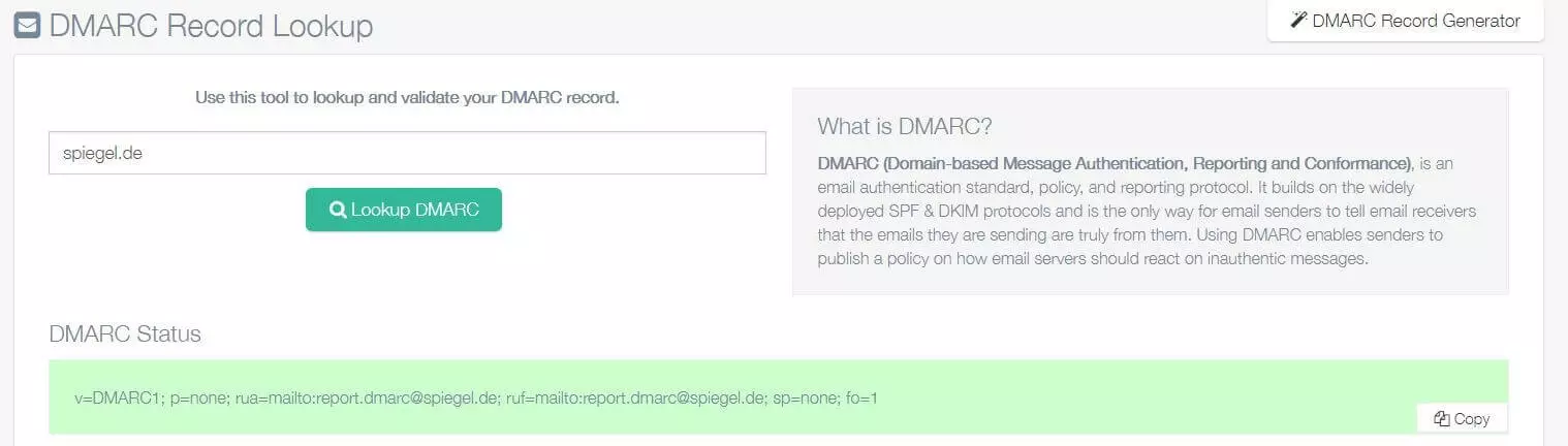 Image: Screenshot of the DMARC Record Lookup Tool provided by easyDMARC.com