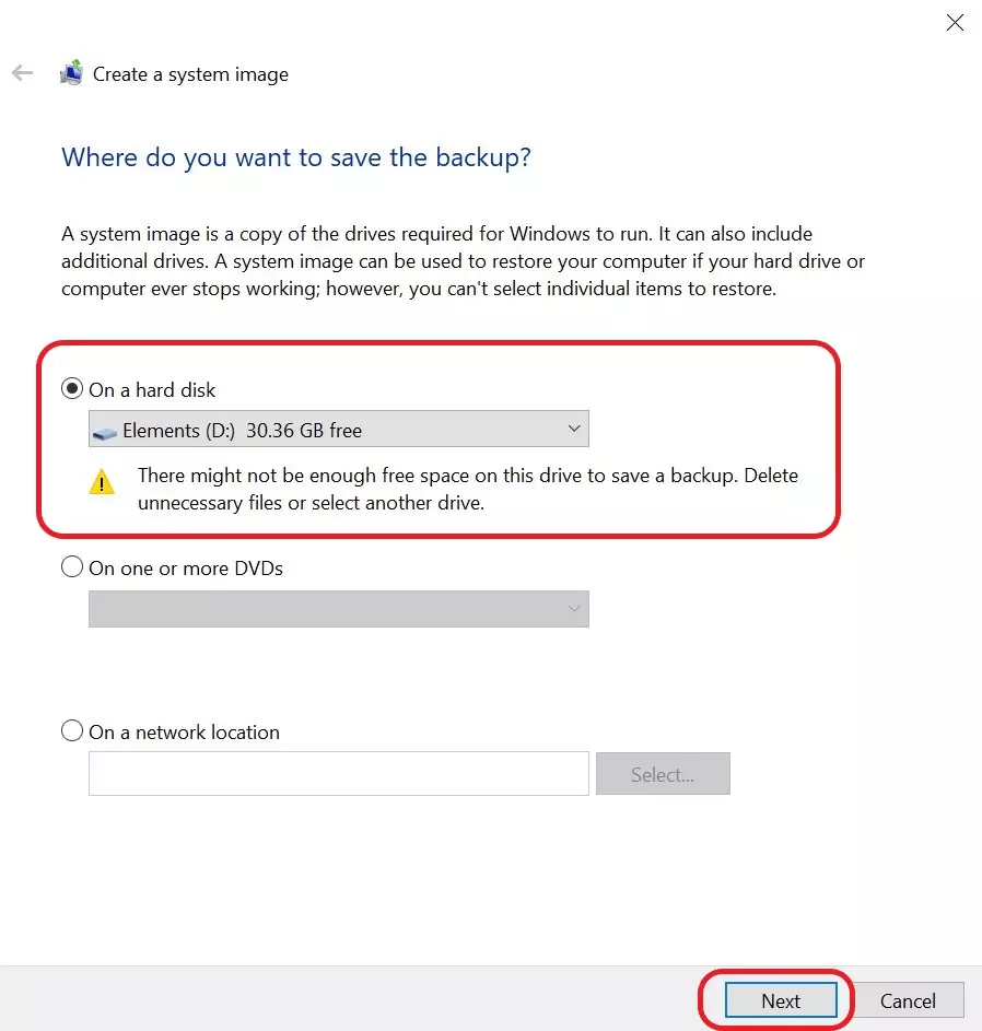Image: Storage options for Windows 10 backups