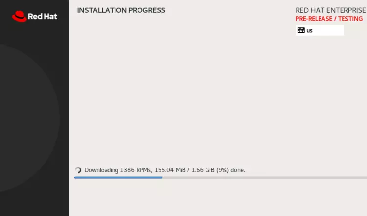 Screenshot of the RHEL 8 configuration menu showing the progress of the installation Screenshot of the RHEL 8 configuration menu showing the progress of the installation