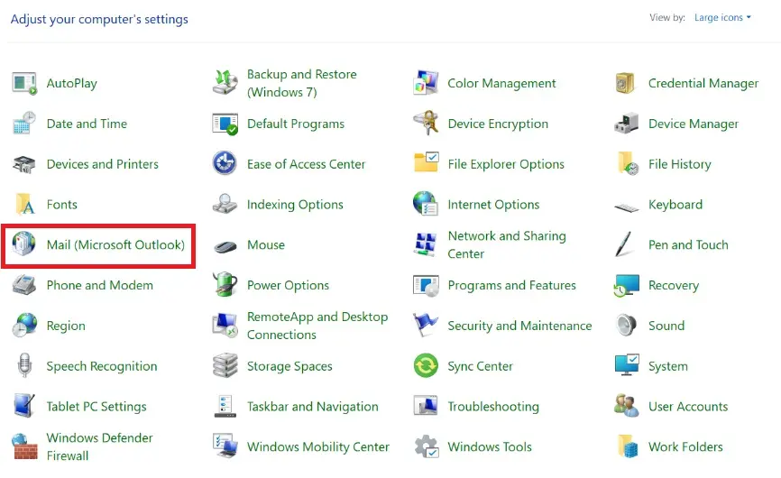 Image: Windows Control Panel showing the mail option