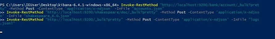 Image: Windows Powershell, which displays the loading of the Kibana data set