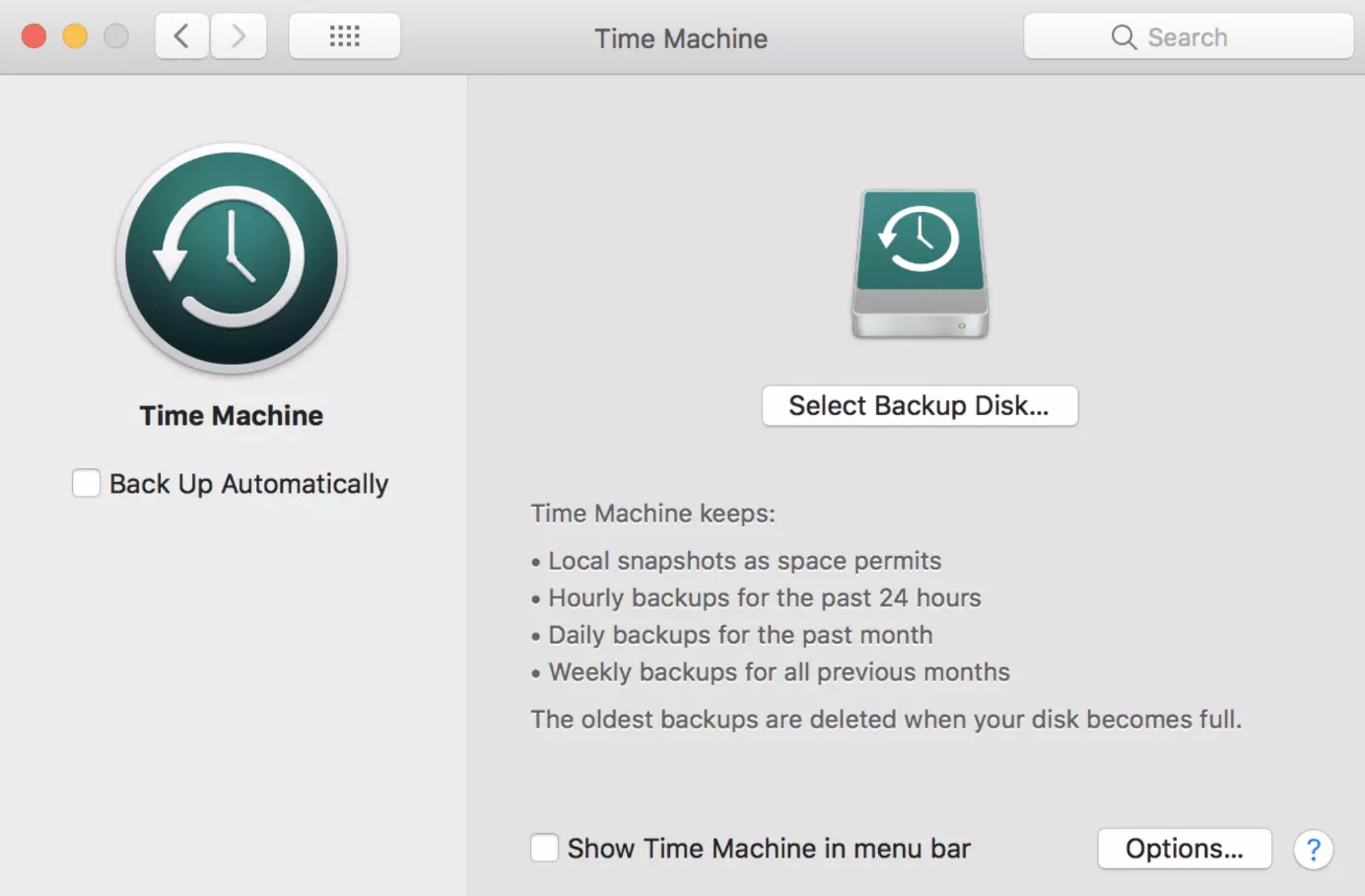 Image: Time Machine: “Select Backup Disk” button 