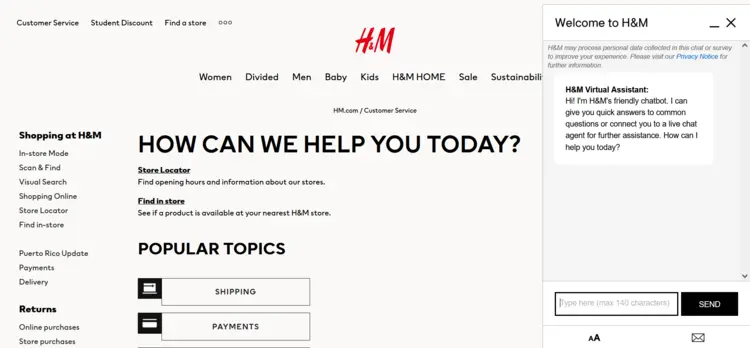 Screenshot of H&M customer support page with chatbot Screenshot of H&M customer support page with chatbot