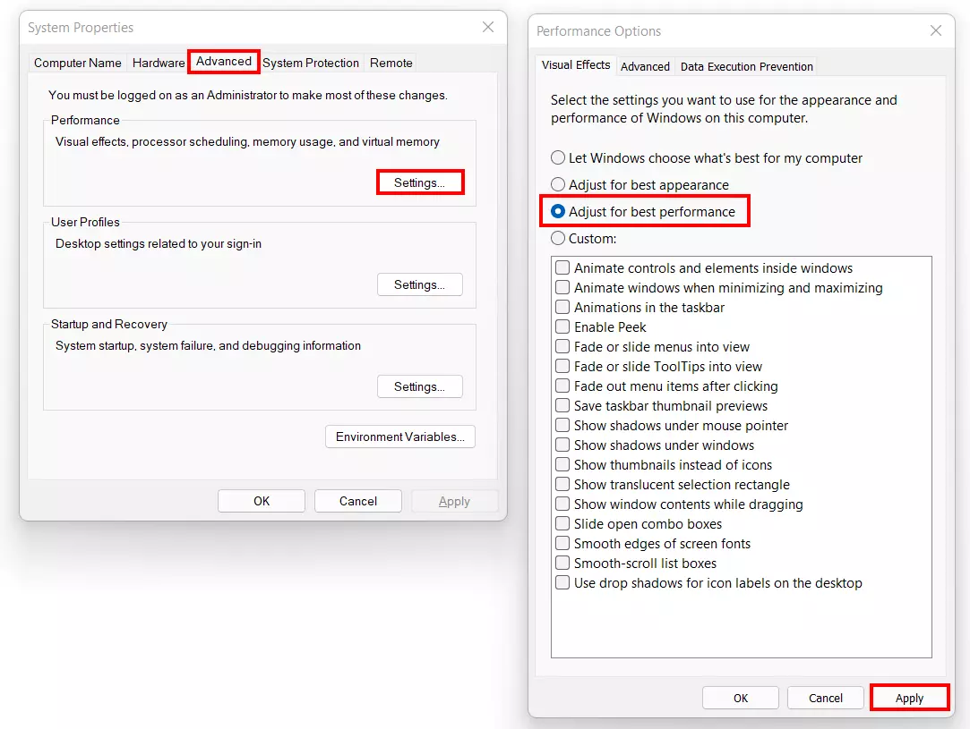Image: Windows 11: System properties with advanced settings and performance options