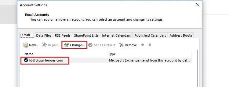 Outlook: “Change…” in Account Settings Outlook: “Change…” in Account Settings