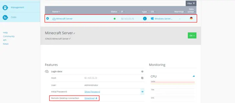 IONOS Cloud Panel: Server selection IONOS Cloud Panel: Server selection