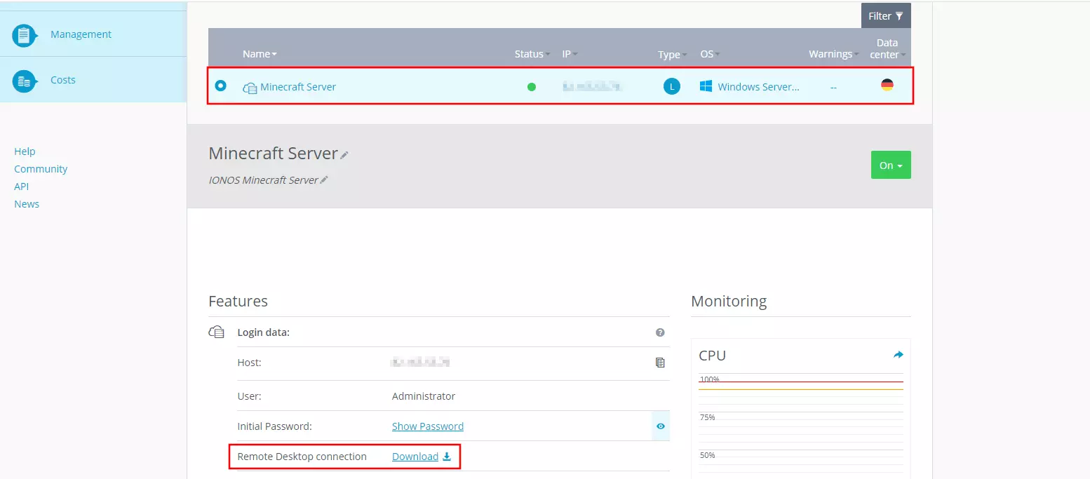 Image: IONOS Cloud Panel: Server selection