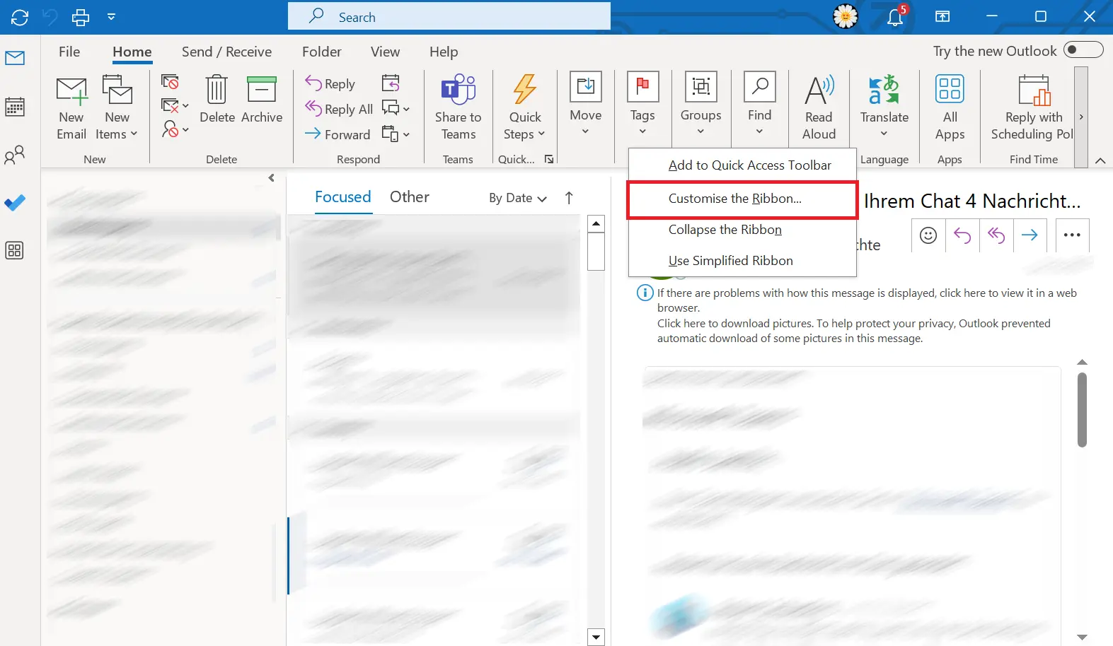 Image: Alt-Text: Outlook option to “Customize the Ribbon…”
