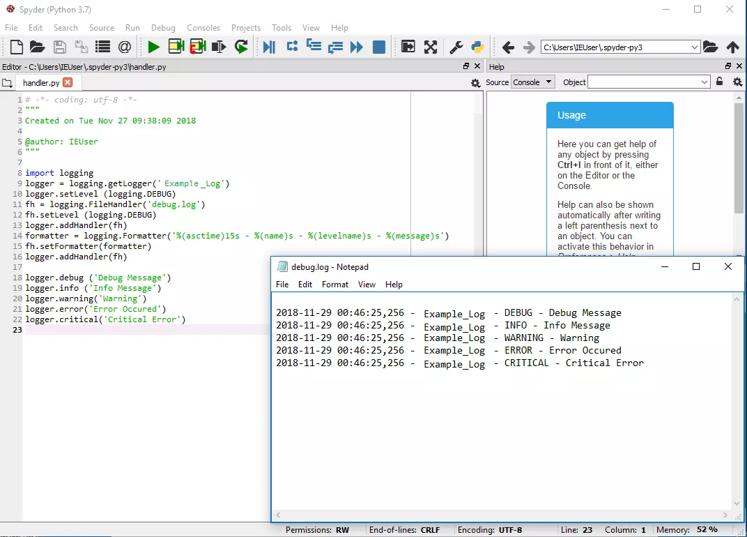 Image: Python editor with logger methods and format attributes as well as text output in the log file with formatted messages.