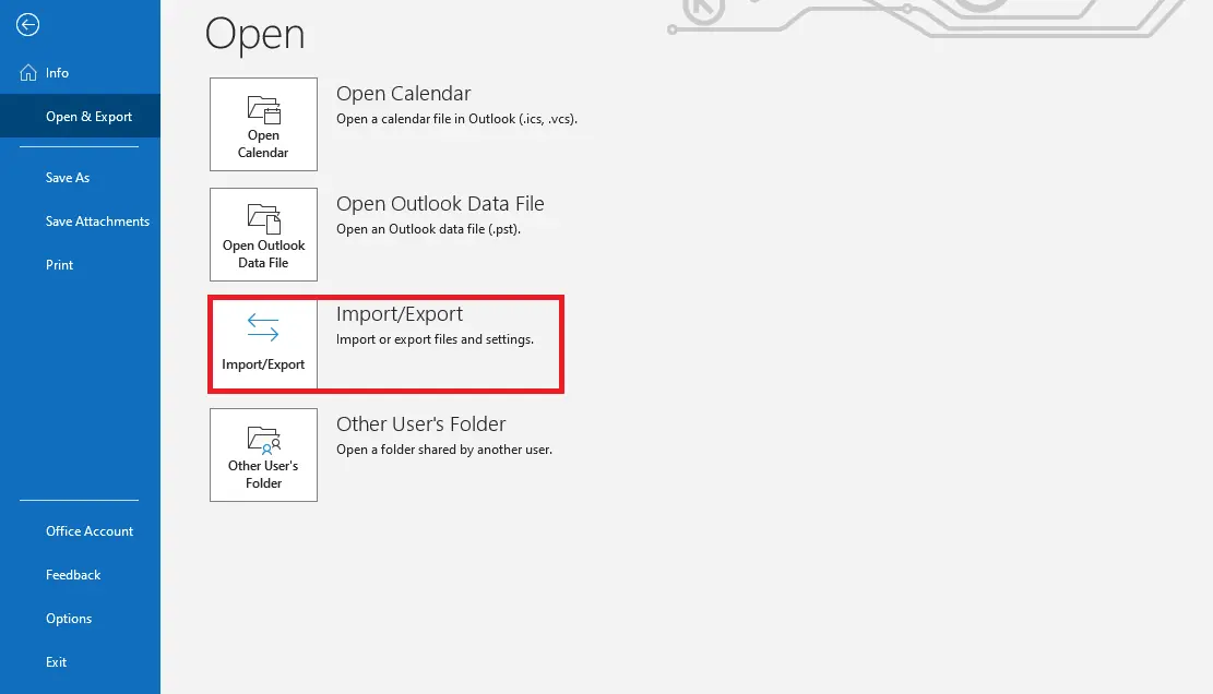 “Open & Export” submenu in Outlook 365 Image: “Open & Export” submenu in Outlook 365